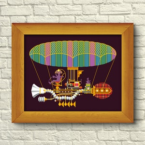 May include: A framed illustration of a whimsical, steampunk-style airship with a striped, purple, green, and gold balloon. The airship has a white, gold, and red design with a pilot in a purple suit sitting in the cockpit.