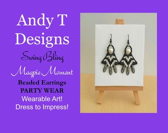Beaded Earrings Swing Bling PARTY WEAR Magpie Moment White Glass Pearl Rounds Matte Black White with Black and White Feather Daggers