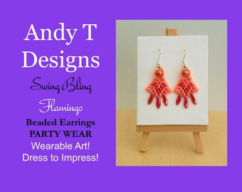 Beaded Earrings Swing Bling PARTY WEAR Flamingo Water Melon Glass Rounds Water Melon Ruby Red with Red Luster Daggers