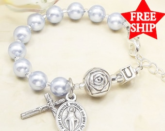 Baby Boy  Baby Personalized Baptism Rosary Bracelet with Silver Rose and Sterling Silver Letter Boy Baptism Boy Christening Gift