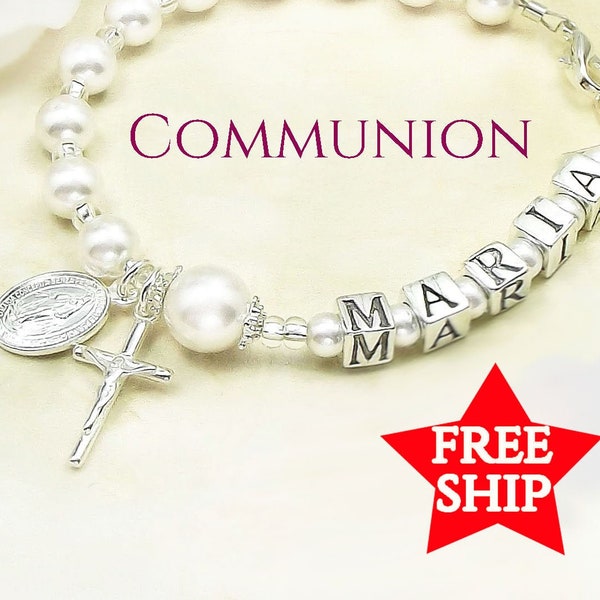 Bracelet chapelet de communion pour fille avec lettres en argent sterling 925 estampées, médaille miraculeuse en argent sterling et crucifix en argent sterling