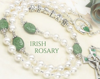 Baby Boy/Girl Baptism Irish Personalized Rosary with Irish Shamrock Beads & Sterling Silver 925 stamped Letter Beads Irish Crucifix Cross