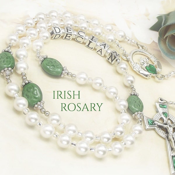 Baby Boy/Girl Baptism Irish Personalized Rosary with Irish Shamrock Beads & Sterling Silver 925 stamped Letter Beads Irish Crucifix Cross