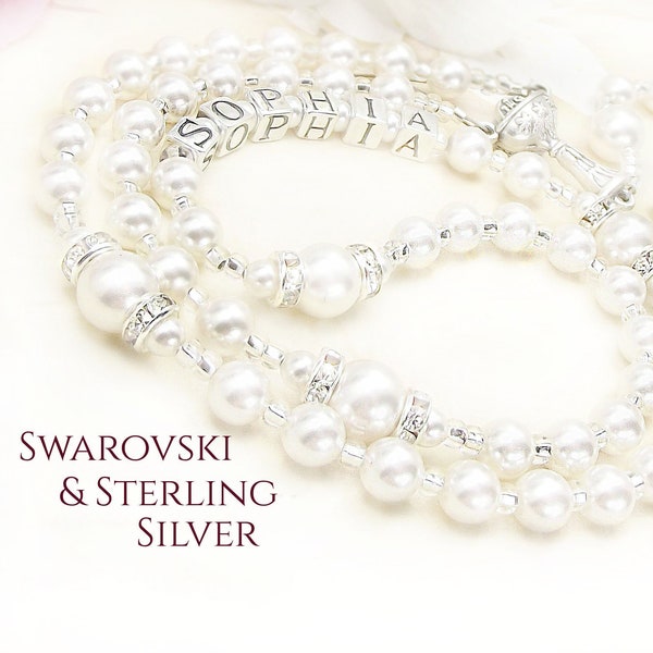 Girl Communion Personalized Rosary with Sterling 925 stamped Sterling Silver Letters & Swarovski Purest White Pearls Holy Communion