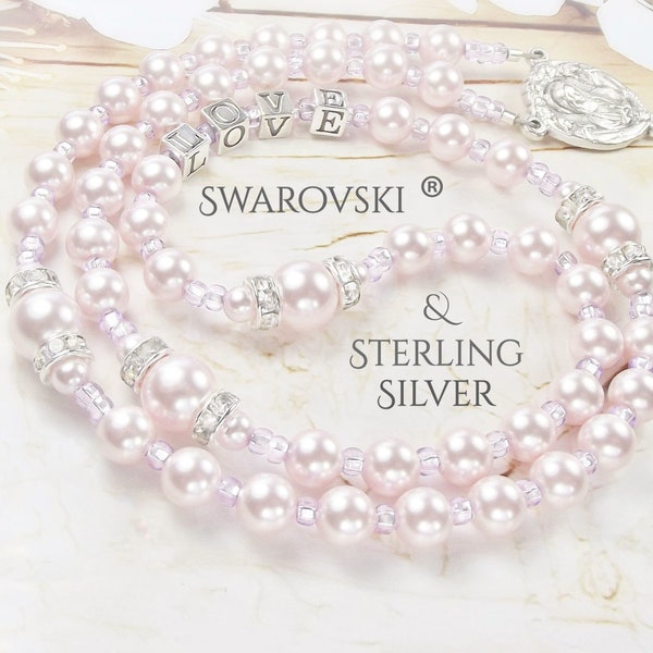 Baby Mädchen Taufe Rosenkranz oder Kommunion Personalisierter Rosenkranz mit Sterling 925 Silber Buchstaben & Swarovski Rosa Perlen Mädchen Taufe Geschenk