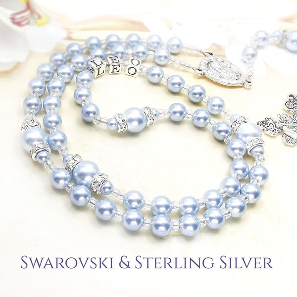 Baby-Taufrosenkranz Personalisierter Rosenkranz Sterling 925 Silber Buchstaben & Swarovski Pale Blue Pearls Junge Taufe Geschenk Katholisches Taufe Geschenk