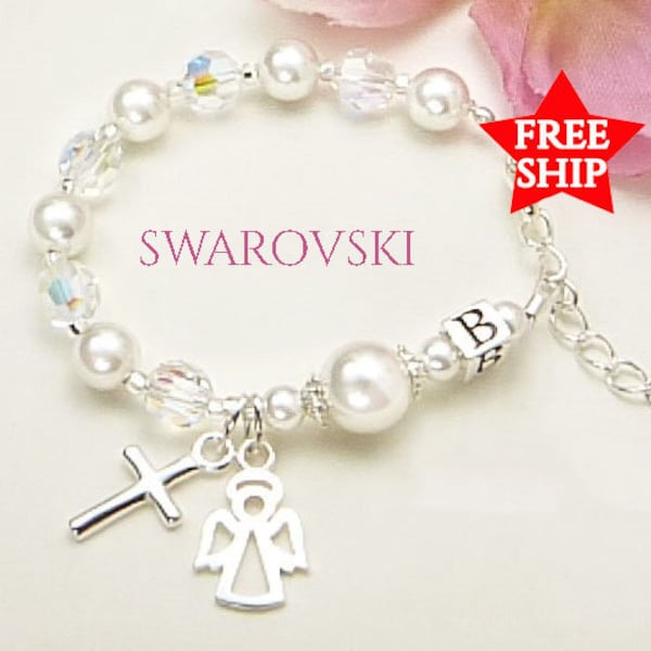 Bracelet chapelet de baptême personnalisé pour bébé fille - Croix, ange et lettre en argent sterling et cristaux Swarovski® Cadeau de baptême Baptême fille