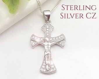 Sterling Crucifix Girl's Necklace Ladies Cubic Zirconia Baptism gift first Holy Communion Gift Christening Gift Confirmation Godmother gift