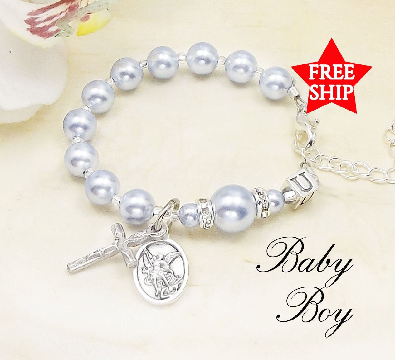 Baby Boy Personalized Baptism Rosary Bracelet Sterling 925 Stamped
