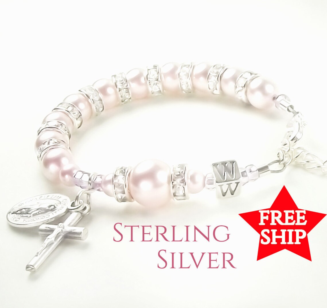 Baby Girl Baptism Personalized Rosary Bracelet With Swarovski Etsy