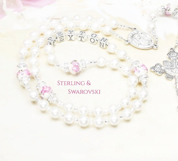 Baby Girl Baptism Personalized Rosary with Rose Beads & 925 Etsy