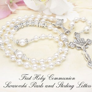 Girl Communion Personalized Rosary with Sterling 925 stamped Sterling Silver Letters & Swarovski Purest White Pearls Holy Communion image 3