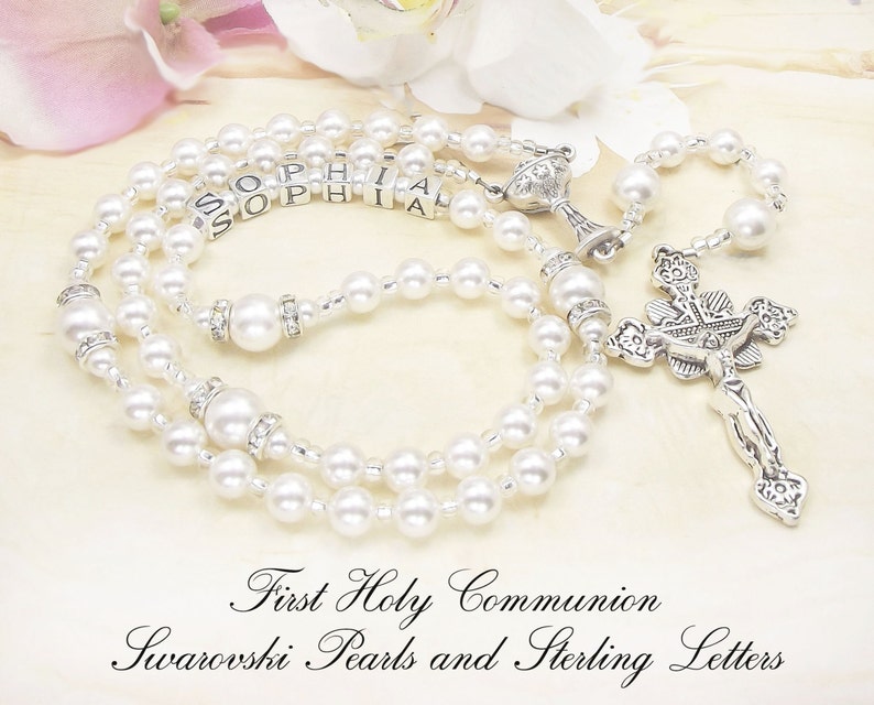 Girl Communion Personalized Rosary with Sterling 925 stamped Sterling Silver Letters & Swarovski Purest White Pearls Holy Communion image 3