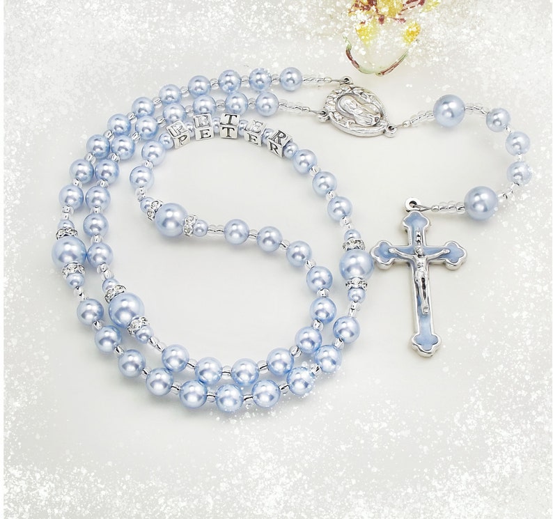 Baby Boy Baptism Rosary Personalized Rosary Sterling 925 Silver Letters & Swarovski Pale Blue Pearls Boy Baptism Gift Catholic Baptism Gift image 9