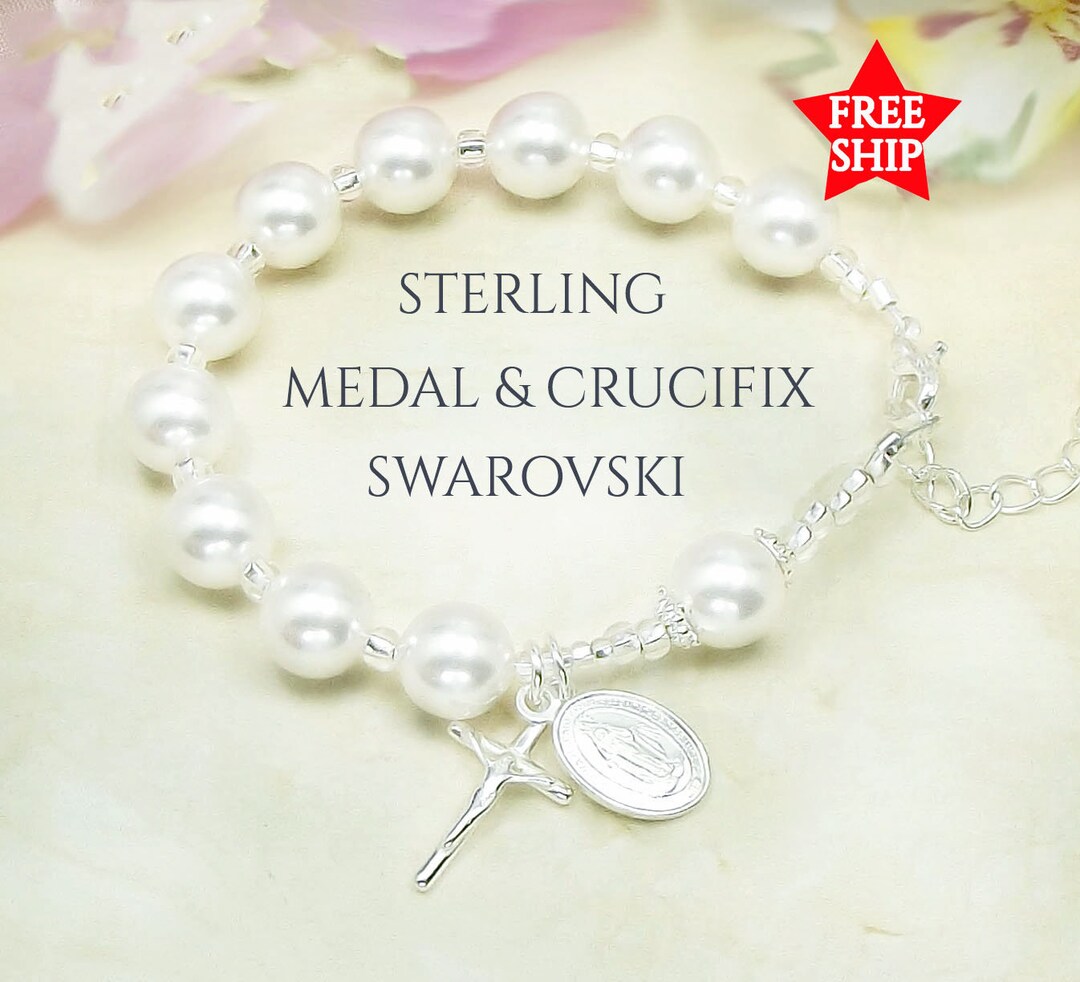 Girl Communion Rosary Bracelet With Swarovski Pearls, Sterling 925