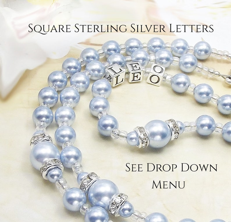 Baby Boy Baptism Rosary Personalized Rosary Sterling 925 Silver Letters & Swarovski Pale Blue Pearls Boy Baptism Gift Catholic Baptism Gift image 7