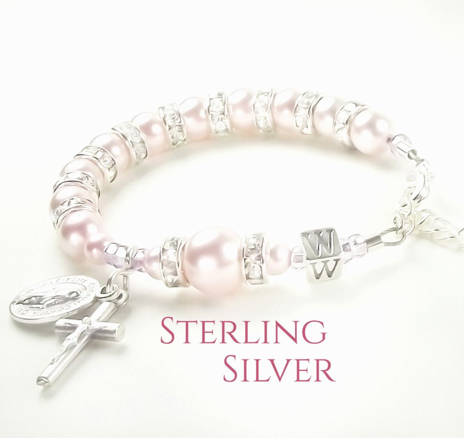 Baby Girl Baptism Personalized Rosary Bracelet With Swarovski Etsy