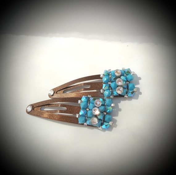 Turquoise & Brown Crystal Hair Snap Clips 4mm Turquoise Etsy