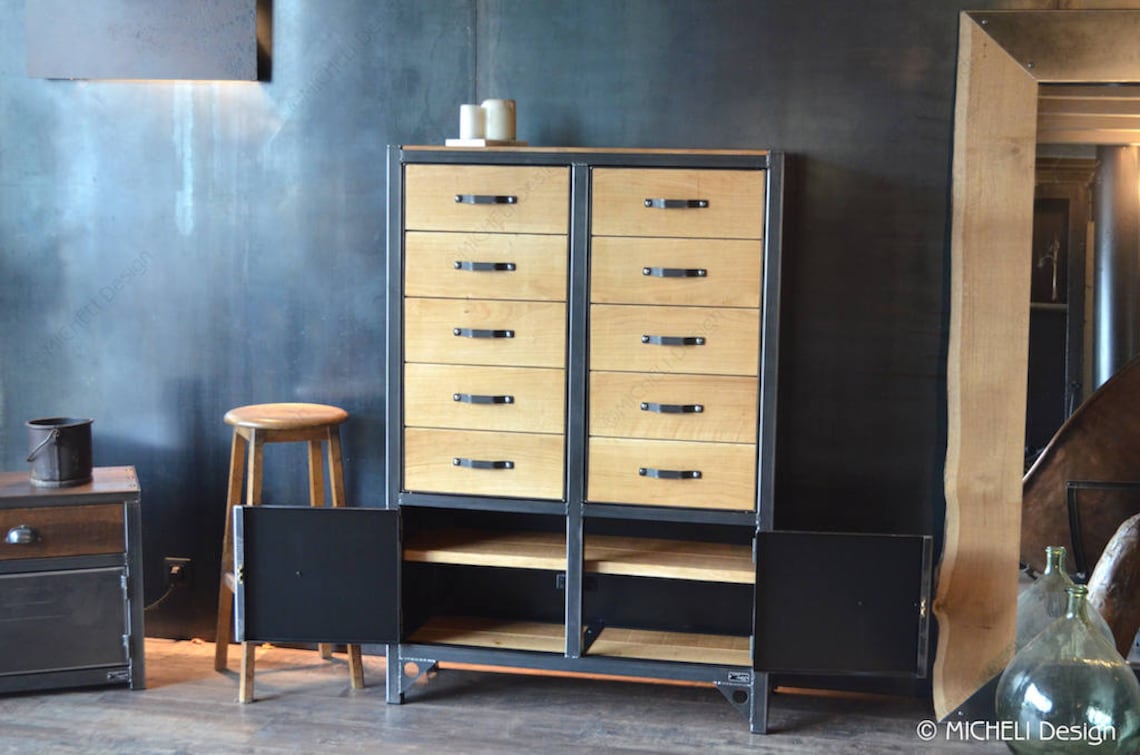 Armoire vintage de style industriel en bois et métal / Meuble Etsy