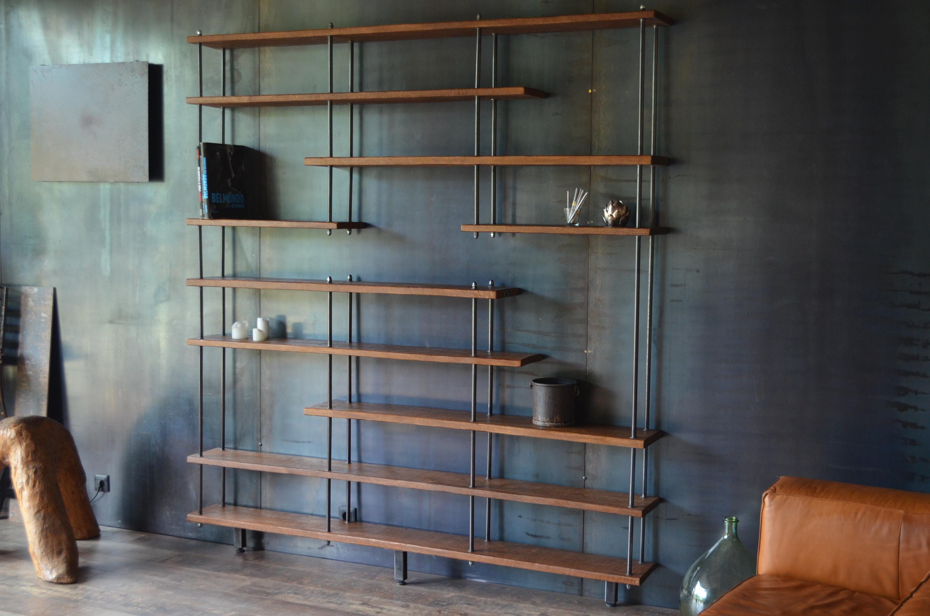 Bibliothèque Asymétrique Sur Mesure, Étagère Industrielle En Bois Massif Et Acier, De Salon Design, Mobilier Artisanal Français