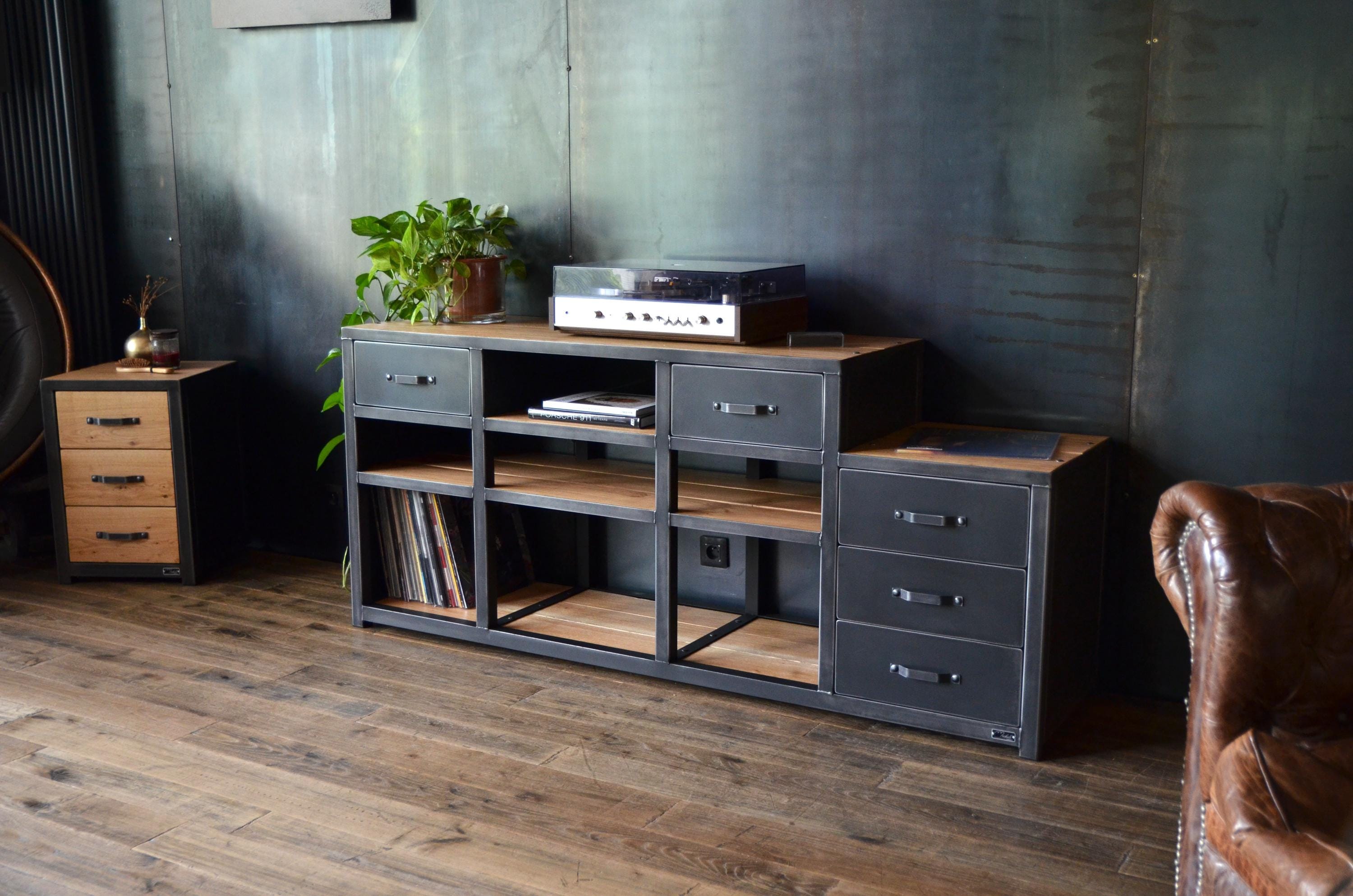 Meuble Vinyle Sur Mesure, Rangement 33 Tours Et Hi-Fi, Style Industriel Chic En Bois Massif Acier, Buffet Audiophile Artisanal Français