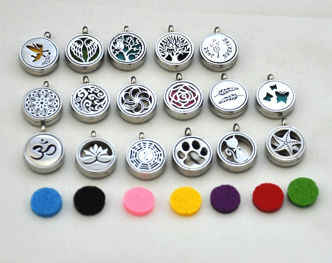 12mm Stainless Steel Lotus Flower Tree of Life Wing Om Cage Locket Pendant for Aroma Perfume Fragrance Oil Diffuser, Essential Oil Pendant