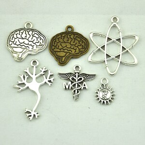 Op de afbeelding: Een set van zes zilveren bedels met verschillende ontwerpen, waaronder een hersenen, een atoom, een neuron, een medisch symbool en een zon met de tekst "Eres Un Sol".