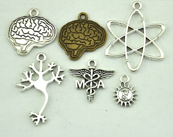 Amuletos cerebrales, amuletos de doctor, colgantes de símbolos de química, biología y física, químico, molécula, átomo, colgantes de neuronas de células científicas, elija Charm-338