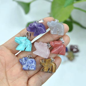 May include: A set of ten gemstone bear pendants in various colors, including purple, blue, pink, red, and brown. Each pendant features a detailed bear design and is attached to a silver-toned bail.