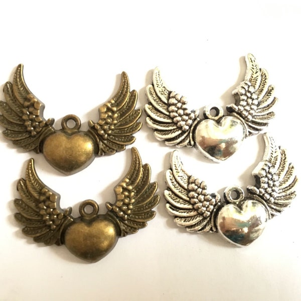 26x35mm----Antique Bronze /Antique Silver Angel Wings on Heart Charm Pendants,DIY Accessory Jewelry Making------G706