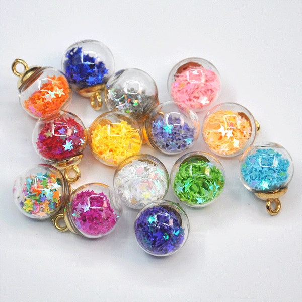 BULK 1-20pcs Multi Color Star Glitter Confetti Globe with a Gold Tone Cap Charms,Glass Globe Ball Charm Pendants,Globe Charm, Glass Pendant