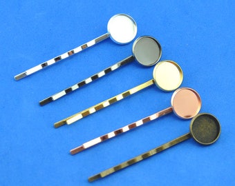 10 Rose Gold/Gold plated/Silver plated Metal Bobby Pins Hair Clips Blanks with bezel tray, fits 12mm round cabochons in bezel tray --G1867-1