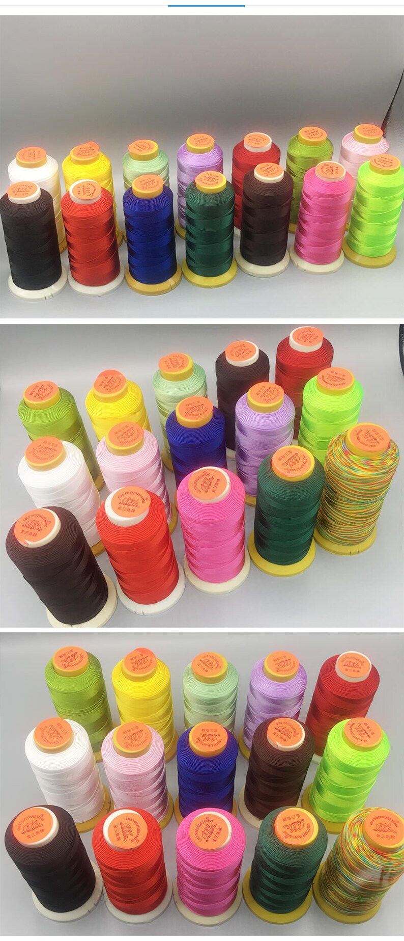 May include: A collection of colorful spools of thread in various shades, including black, red, blue, green, brown, pink, yellow, and purple. Each spool has a yellow top with a label. The threads are tightly wound and ready for use.