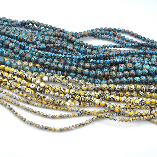 Blue Malachite Beads,Yellow Malachite Beads,4mm 6mm 8mm 10mm Round Smooth Blue Peacock Stone Gemstone,Mixed Colors Striped Beads,Full Strand