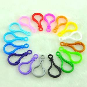 Puede incluir: Surtido de clips de llavero de plástico de colores. Los clips están en un círculo, con colores que van del rosa al morado, pasando por el verde y el naranja.