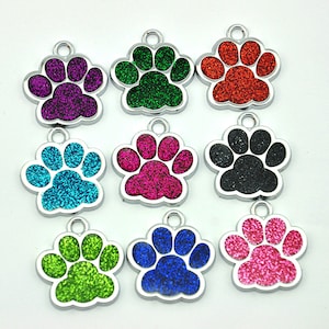 5-20pcs Glittery Enamel Paw Print Charm Pendant For Crafts Jewellery Making，Paw Silver Tone and Blue/Red/Royal blue/pink Glitter Enamel