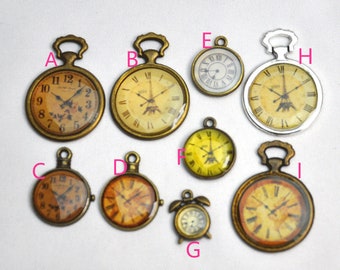Antique Bronze/Antique Silver Enamel Pocket Watch Charm Clock Charms Pendant --G294