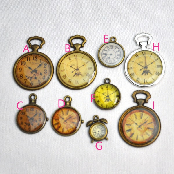 Antique Bronze / Antique Argent Émail Poche Montre Charm Horloge Charms Pendentif --G294