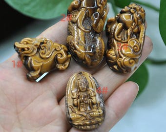 Colgante de piedra de ojo de tigre amarillo tallado, bodhisattva, colgante de Guanyin, colgante de Pi Yao, amuleto de animales míticos, collar colgante, joyería