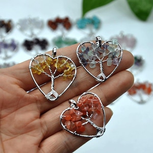 Bulk Wholesale Handmade Crystal Tree Jewelry，30mm heart Tree Of Life Gemstone Pendants,Healing Energy Gemstone Pendant,Wire Wrapped Pendant