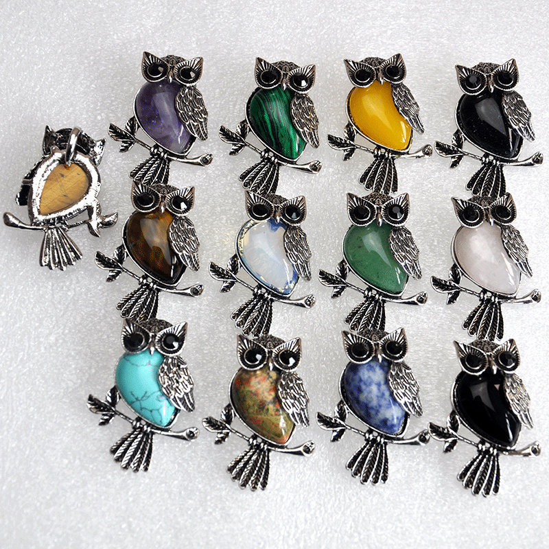 Owl Crystal Pendant，Natural Gemstone Jewelry，Gemstone Owl Pendant Owl Necklace Wholesale Gemston