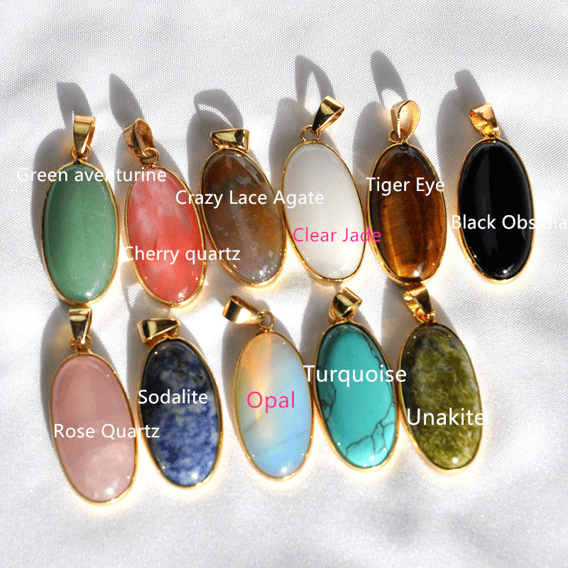 Natural Stone Pendant With Platinum Tone Brass Findings, Oval