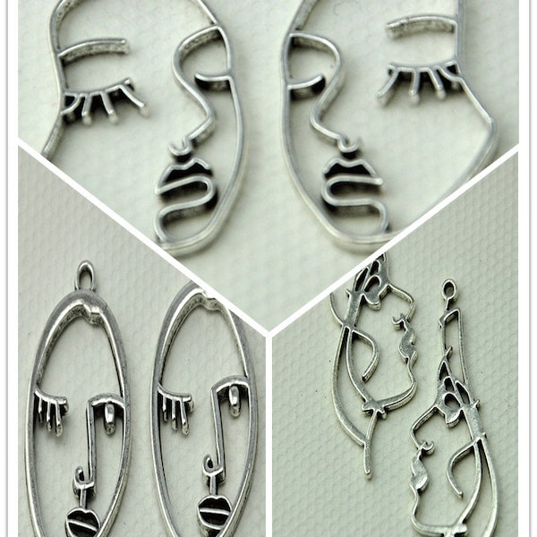 Mini Face Charms, Mask Charms,Mask Drops， Mask Pendant, Silver Face Charm, Silver Jewelry Findings, Tribal Pendant --G1388-3