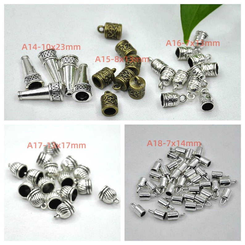 May include: Assortment of silver and bronze metal end caps for jewelry making. The caps come in various sizes and shapes, including round, cone, and bell shapes. The caps are perfect for adding a finishing touch to necklaces, bracelets, and other jewelry projects.
