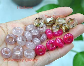 Cuentas de piedras preciosas naturales con agujero grande, cuentas de gemas en forma de rosquilla de 14 x 8 mm, cuentas de cristal redondas, cuentas de piedras preciosas con agujero grande para la fabricación de joyas DIY.
