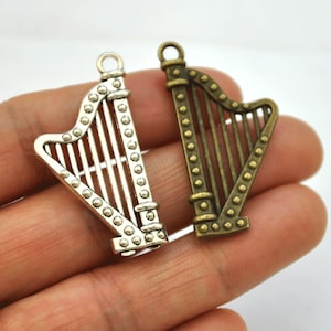 Harp Music Instrument pendant，Antique Bronze /Antique Silver Harp pendant Pendants-Harp Pendant. Creative parts 20x39mm，Double Sided Harp