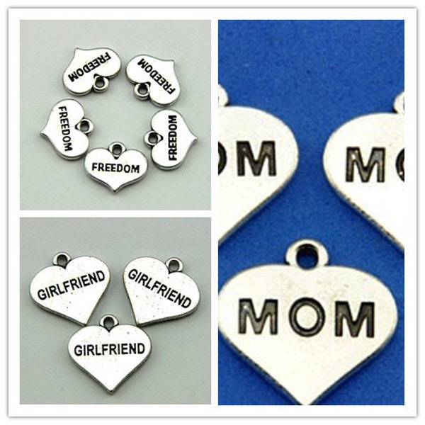 Mom /FREEDOM /GIRLFRIEND Heart Charm Antique Silver Word Pendant,Family Charms- Vintage Style Pendant- Mom Jewelry Supplies