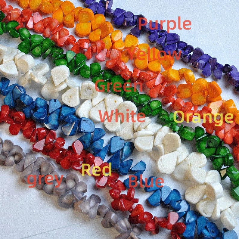 May include: A collection of colorful gemstone beads in shades of purple, yellow, orange, green, white, blue, red, and grey. The image displays the beads in rows, with each row showcasing a different color. Text labels identify each color.