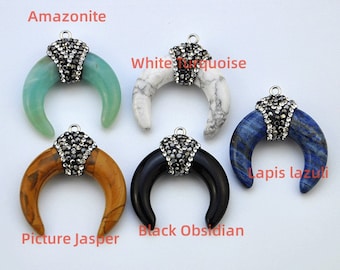 Crescent Moon Pendants,Double Horn Focal Pendant,Crescent Horn,Crystal Crescent Moon Pendant,Gemstone Double Horn Pendant,Pave Pendant