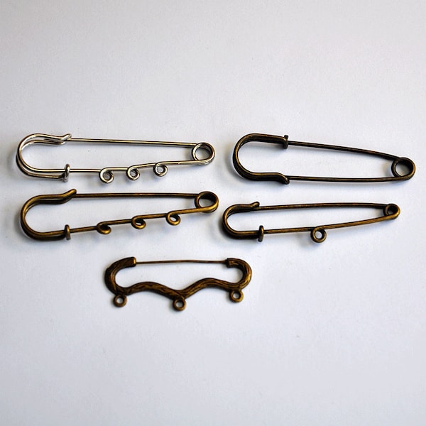 Antique Bronze/Silver Safety Pin Brooch Charm Pendants 3 loops/1 loops jewelry pins.Supplies Pin Brooch 65 mm/ 2,56" long Large Safety Pins